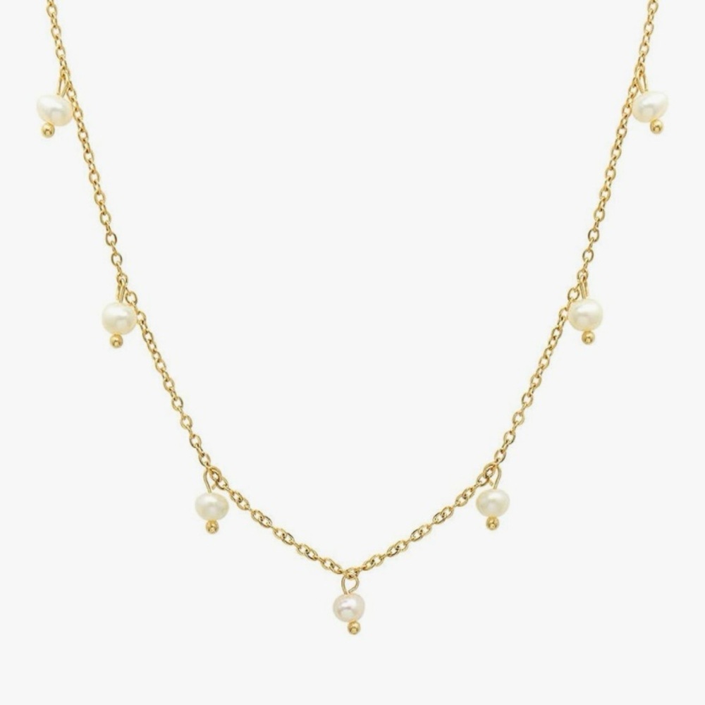 Gold 7 hanging mini Pearl Necklace with extender approx 17”L
